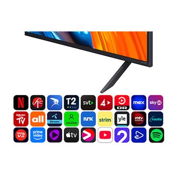 Visning forfra og fra siden af LG QNED82 AI 4K Smart TV, hvor ses dets mål for længde, bredde, højde og dybde.