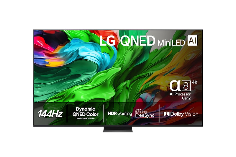 Visning forfra af LG 100" QNED MiniLED AI QNED86 4K Smart TV 2025 100QNED86A6