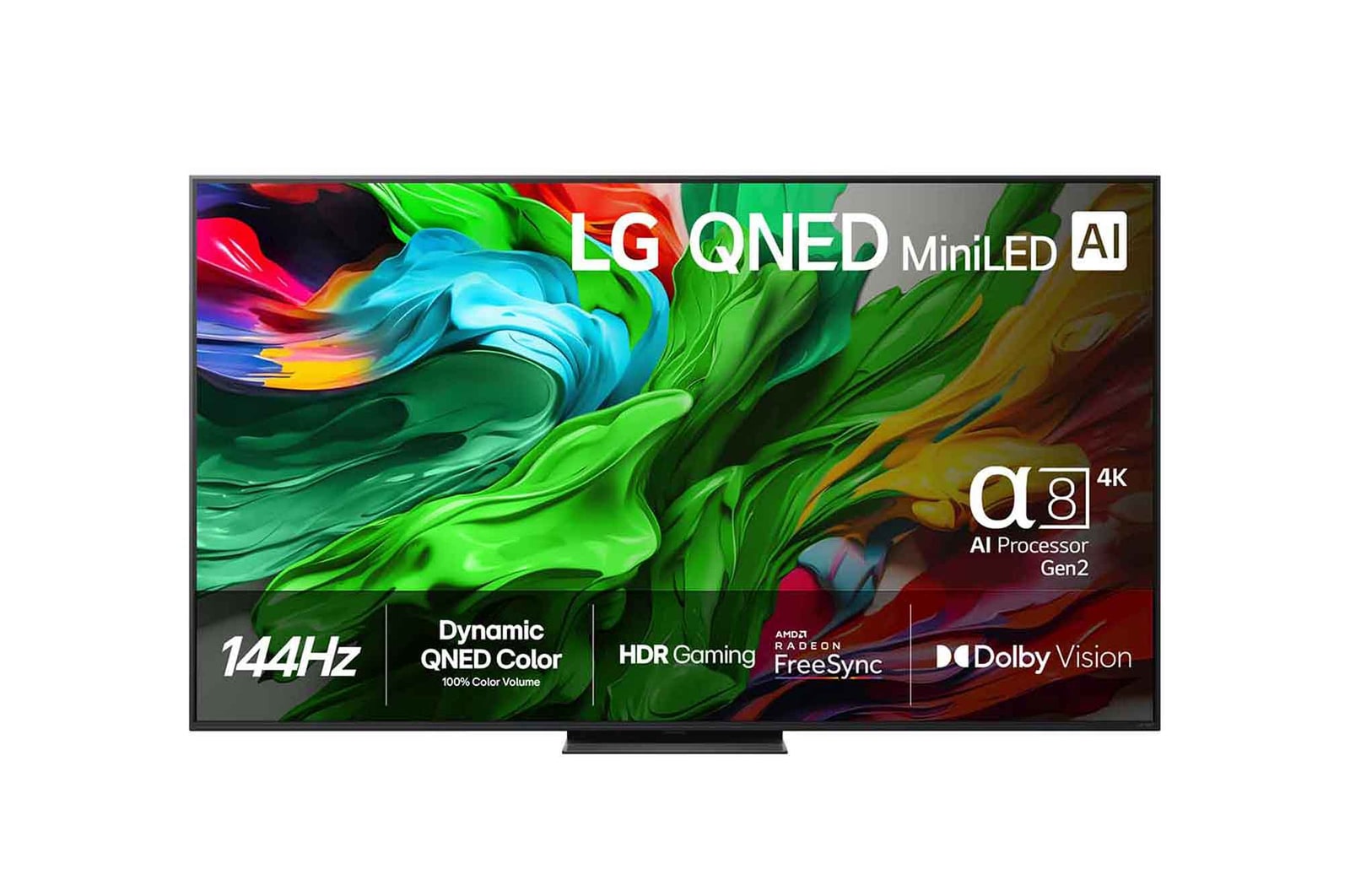 Visning forfra af LG QNED evo QNED85 TV, LG QNED evo AI-logo i øverste hjørne. LG QNED evo QNED85 TV viser farverige malingagtige teksturer, der forenes.