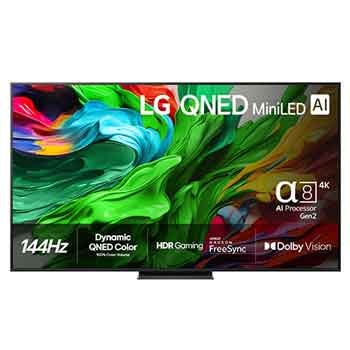 Visning forfra af LG QNED evo QNED85 TV, LG QNED evo AI-logo i øverste hjørne. LG QNED evo QNED85 TV viser farverige malingagtige teksturer, der forenes.