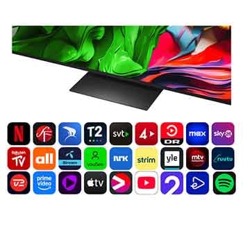 Visning forfra og fra siden af LG QNED evo AI QNED85 4K Smart TV, hvor dets mål for længde, bredde, højde og dybde ses.