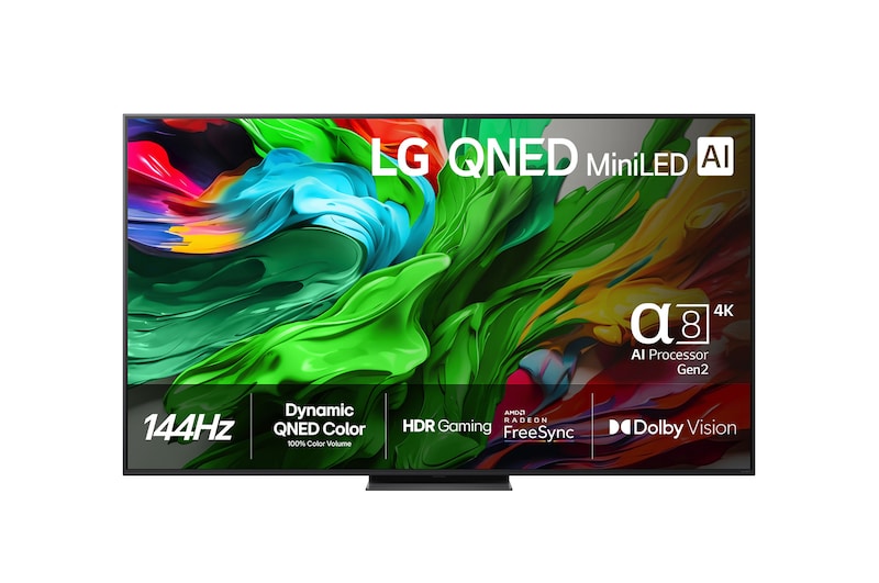 Visning forfra af LG 86" QNED MiniLED AI QNED86 4K Smart TV 2025 86QNED86A6A