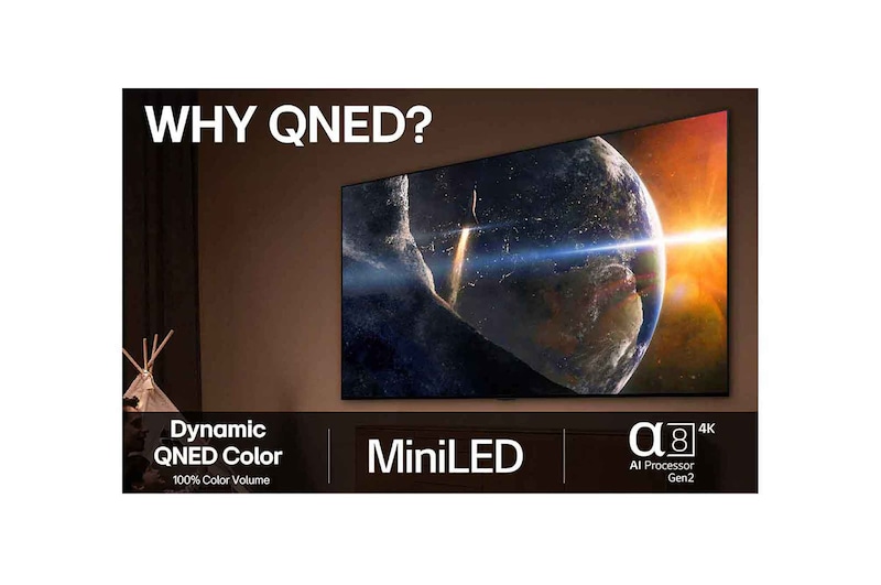 En pige og en hund sidder foran et LG QNED TV, der er monteret på en væg, hvor tre elefanter går ud af det ovenover en LG Soundbar. Titlen beskriver, hvordan hver handling ser mere fantastisk ud på en ultrastor skærm.