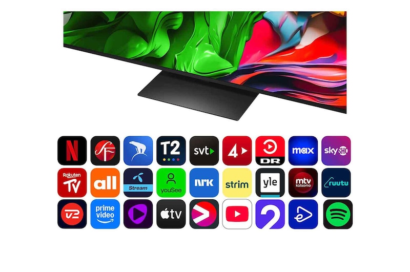 Visning forfra og fra siden af LG QNED evo AI QNED85 4K Smart TV, hvor dets mål for længde, bredde, højde og dybde ses.