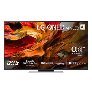 Visning forfra af LG QNED evo QNED85 TV, LG QNED evo AI-logo i øverste hjørne. LG QNED evo QNED85 TV viser farverige malingagtige teksturer, der forenes.