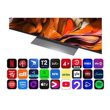 Visning forfra og fra siden af LG QNED evo AI QNED85 4K Smart TV, hvor dets mål for længde, bredde, højde og dybde ses.