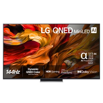 Visning forfra af LG QNED evo QNED85 TV, LG QNED evo AI-logo i øverste hjørne. LG QNED evo QNED85 TV viser farverige malingagtige teksturer, der forenes.
