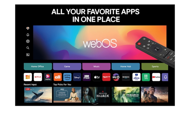 Visning forfra og fra siden af LG QNED evo AI QNED85 4K Smart TV, hvor dets mål for længde, bredde, højde og dybde ses.