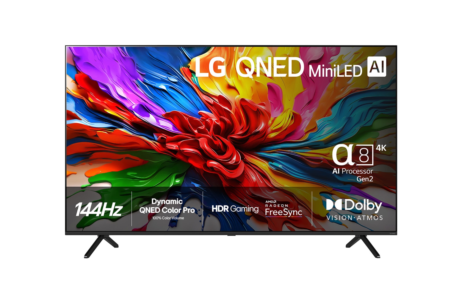 Visning forfra af LG 55" QNED evo MiniLED AI QNED92 4K Smart TV 2025 55QNED92A6A