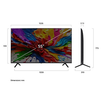 Visning forfra og fra siden af LG QNED evo AI QNED92 4K Smart TV, hvor dets mål for længde, bredde, højde og dybde ses.