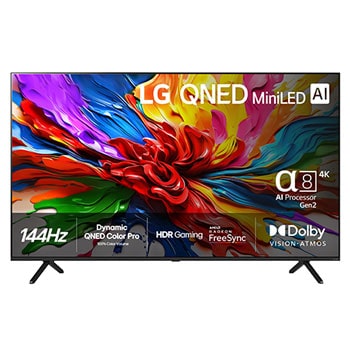 Visning forfra af LG 65" QNED evo MiniLED AI QNED92 4K Smart TV 2025 65QNED92A6A