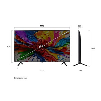 Visning forfra og fra siden af LG QNED evo AI QNED92 4K Smart TV, hvor dets mål for længde, bredde, højde og dybde ses.