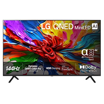 Visning forfra af LG 75" QNED evo MiniLED AI QNED92 4K Smart TV 2025 75QNED92A6A