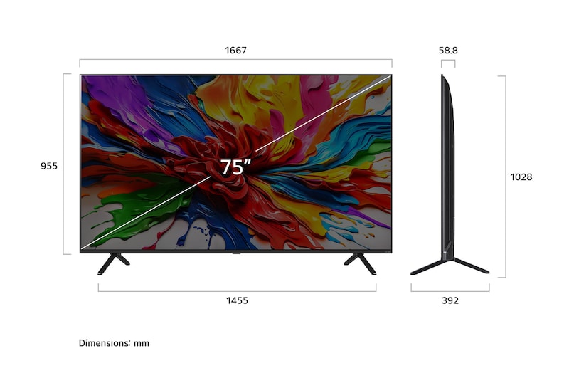 Visning forfra og fra siden af LG QNED evo AI QNED92 4K Smart TV, hvor dets mål for længde, bredde, højde og dybde ses.