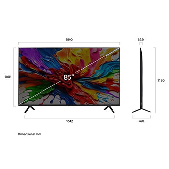 Visning forfra og fra siden af LG QNED evo AI QNED92 4K Smart TV, hvor dets mål for længde, bredde, højde og dybde ses.