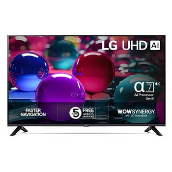 Visning forfra af 50” LG UHD AI UA73 4k Smart TV 2025 50UA73006LA