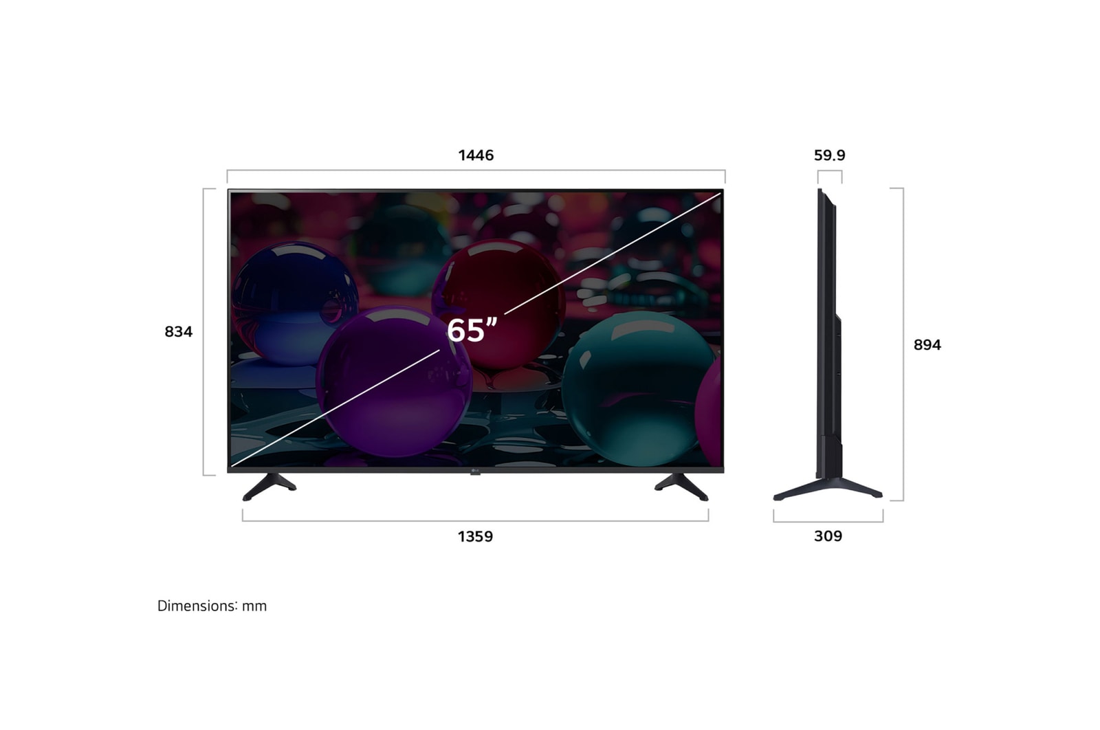 65” LG UHD AI UA73 4k Smart TV 2025 Dimension image