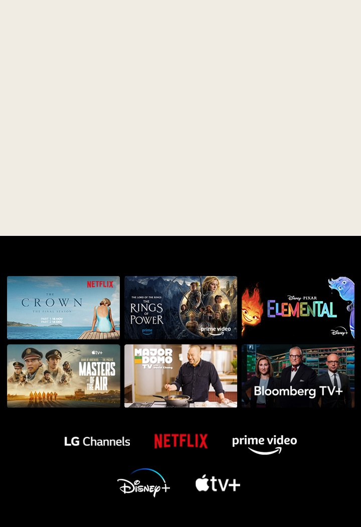 Seks miniaturebilleder af film og TV-shows vises sammen med logoer for LG Channels, Netflix, Prime Video, Disney+ og Apple TV+ nedenunder.