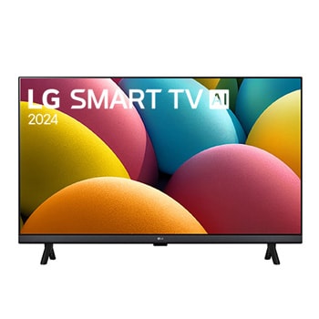 Etunäkymä LG HD TV:stä LR60 teksteillä LG SMART TV AI ja 2024 näytöllä, joka on kahden pylvään jalustalla