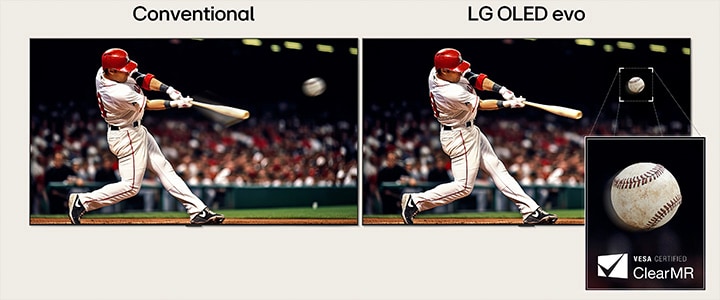 Sammenligning side og side af en frame fra et baseballspil. I den side, som er mærket almindelig, er der masser af bevægelsessløring rundt om spillerens baseballbat og baseballen. I den anden side, som er mærket LG OLED evo, opfanges bevægelserne perfekt uden sløring.