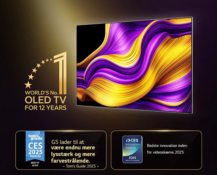 LG OLED TV med emblemet “Verdens førende OLED TV i 12 år”. Andre vundne priser. Tom's Guide 2025 CES Awards, Best TV, G5 lader til at være endnu mere lysstærk og mere farvestrålende. 2025 CES Innovation Awards, 2025 Best of Innovation i videoskærmkategorien.