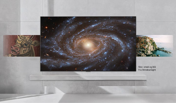 Vægmonteret LG TV med forskelligt indhold der skifter på skærmen – klassisk kunst, moderne kunst, fotografier, tapeter og meget mere. 