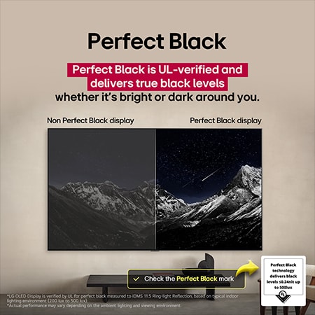 Living room space with a wall-mounted LG OLED TV. On the TV is a mountain range against a dark evening sky filled with stars. This scene is split in half to show how Perfect Black delivers true black levels whether it's bright or dark around you. One side of the scene shows a duller, grayer version of the landscape labeled, Matte display. On the other side is a more pleasing picture with a larger dynamic range of blacks and whites. This is labeled, Perfect Black display. Logo certification is also visible, Perfect Black Technology delivers black levels less than or equal to 0.24 nit up to 500 lux. A text bubble is by its side it says, check the Perfect Black certification mark.