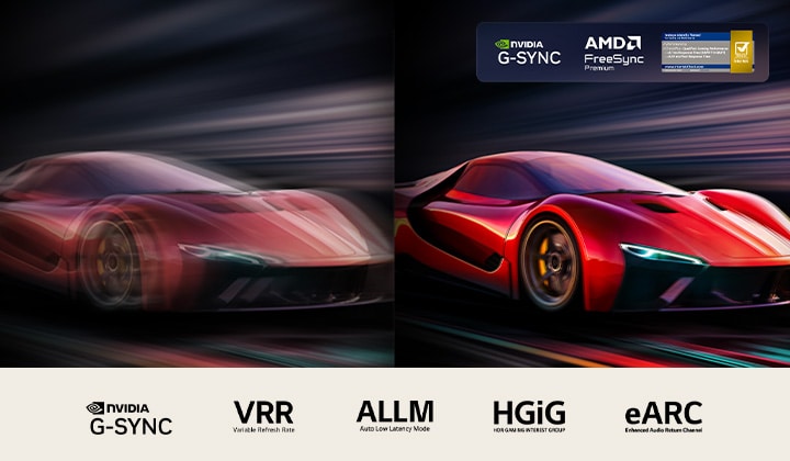 To billeder side om side af en bil i et videospil. Det ene har meget motion blur. Det andet er skarpt og fokuseret og viser den høje framerate på et LG OLED TV. Nvidia G-Sync-logo, AMD FreeSync Premium, Intertek-badge med 0,1 ms responstid og andre relevante certificeringer er synlige. 