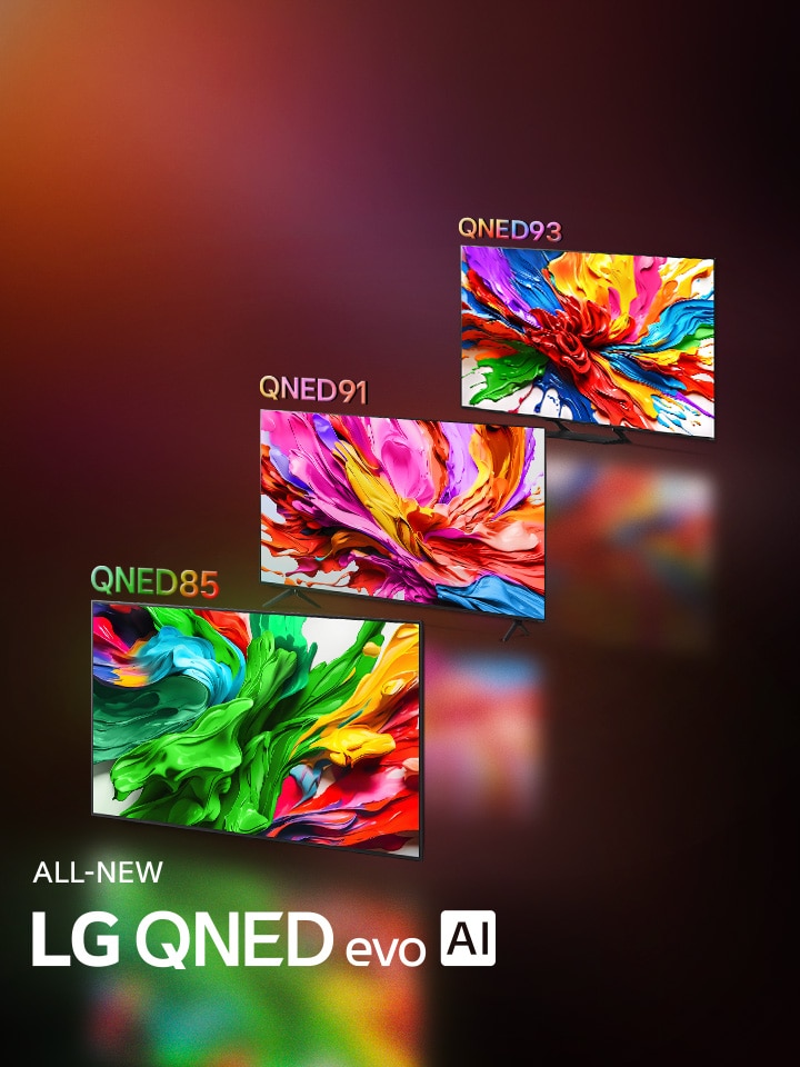 LG QNED92- og LG QNED85-fjernsyn side om side. Farverig kunst, der fremhæver LG QNED’s nye klare og livlige farvegengivelsesteknologi, ses på deres skærme. HELT NYT LG QNED evo AI-logo er også at finde.