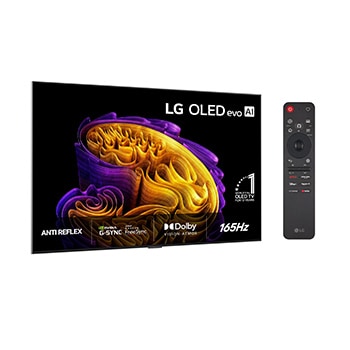 Frontalvisningen af LG OLED evo AI G6, der blev lanceret i 2026, viser et billede af lagdelte, flerfarvede former med Hyper Radiant Color Tech, Perfect Black og Perfect Color sammen med emblemet for verdens førende OLED TV i 13 år.