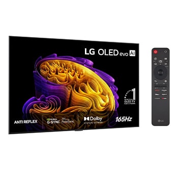 Frontalvisningen af LG OLED evo AI G6, der blev lanceret i 2026, viser et billede af lagdelte, flerfarvede former med Hyper Radiant Color Tech, Perfect Black og Perfect Color sammen med emblemet for verdens førende OLED TV i 13 år.