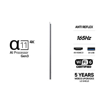 LG OLED evo AI G6 vist forfra og fra siden fremhæver en 77" skærm med en 1712 mm bred skærm, 982 mm skærmhøjde, 1039 mm højde med stander, en 24,8 mm dybde og et fodaftryk, der måler 501 x 321 mm.