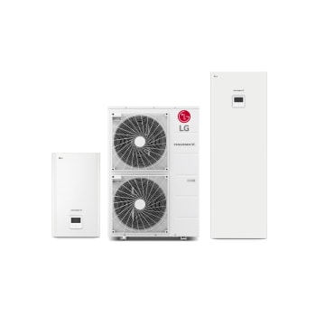 To indendørsenheder og én udendørsenhed af LG Therma V Hydrosplit vises.