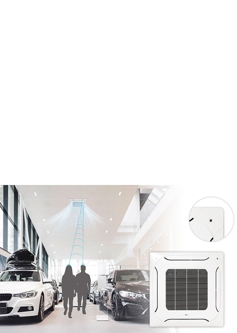 Smart 4 way cassette med sensor, der registrerer mennesker, omdirigerer luften mod to mennesker, der går i et udstillingslokale for køretøjer. Forstørret produktbillede til højre.