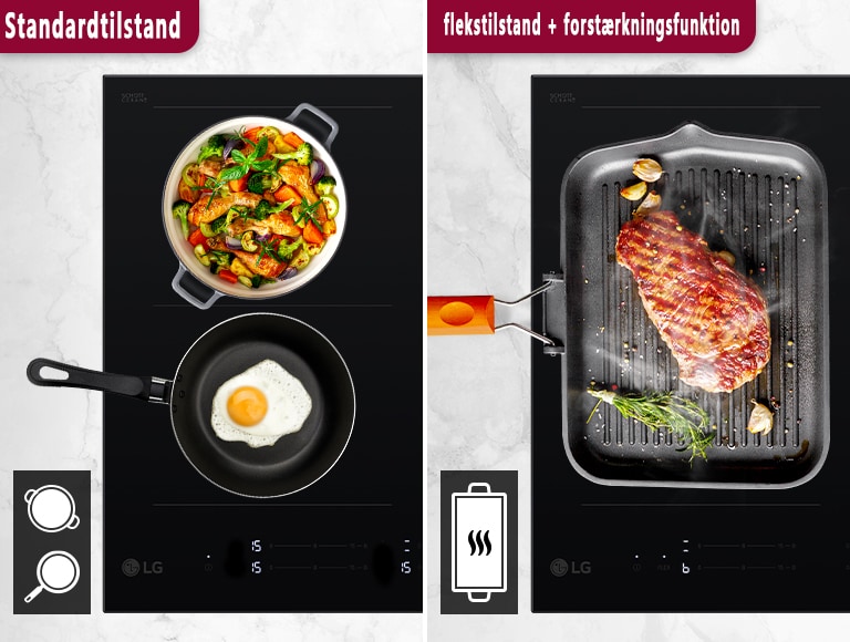 Dette billede er segmenteret. Til venstre ses Induktionspladerets standardtilstand, og der er en pande på hver tilberedningszone. Til højre ses Induktionspladerets forstærkningsfunktion, og der er én pande på to tilberedningszoner. Fra panden kan du se kødretter, der tilberedes på høj varme, så retterne damper.
