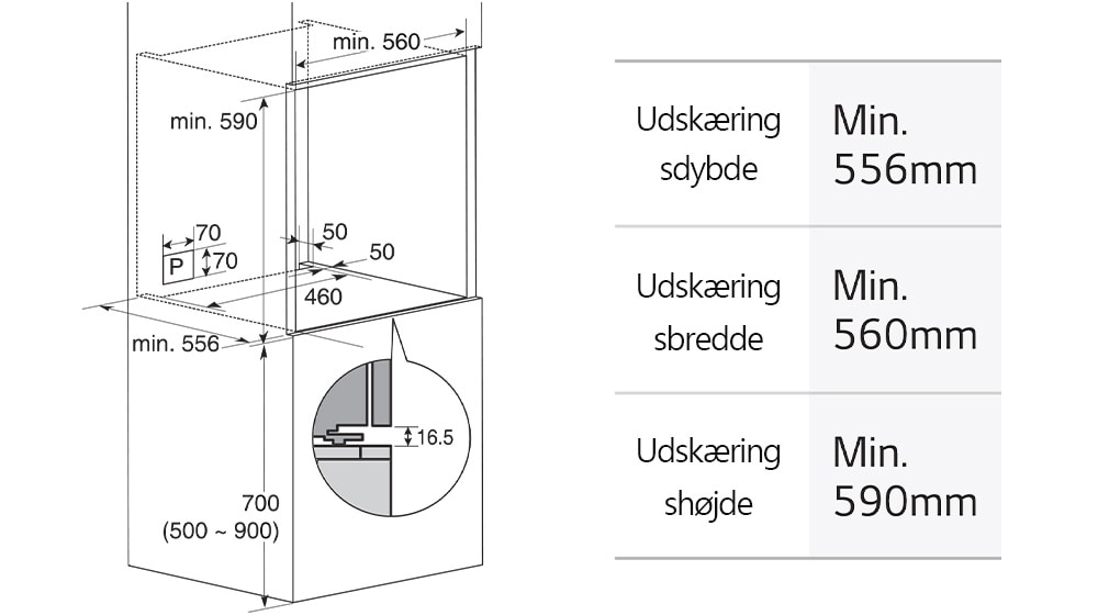 Dette billede viser ovnens dimensioner.