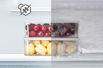 Sammenligning af beholdere med frossen frugt, med og uden frost.