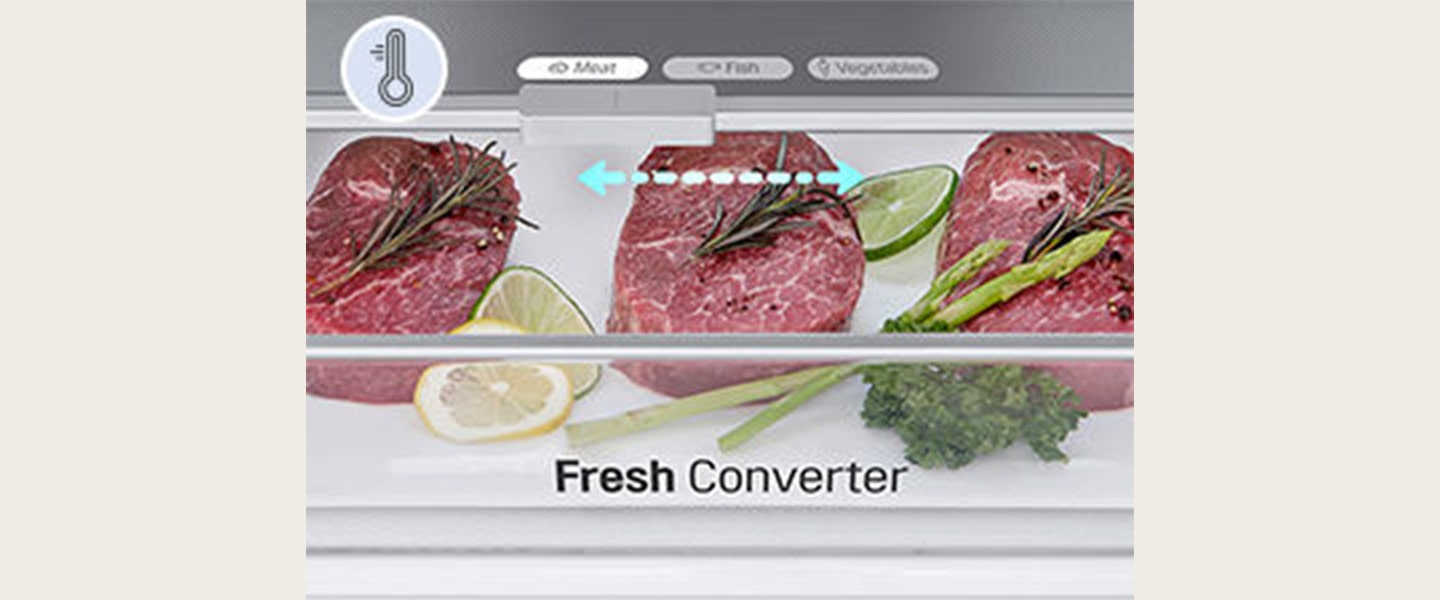 Nærbillede af Fresh Converter fyldt med kød, indstillet til korrekt temperatur for kød blandt mulighederne kød, fisk og grøntsager.