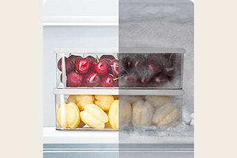 Sammenligning af beholdere med frossen frugt, med og uden frost.