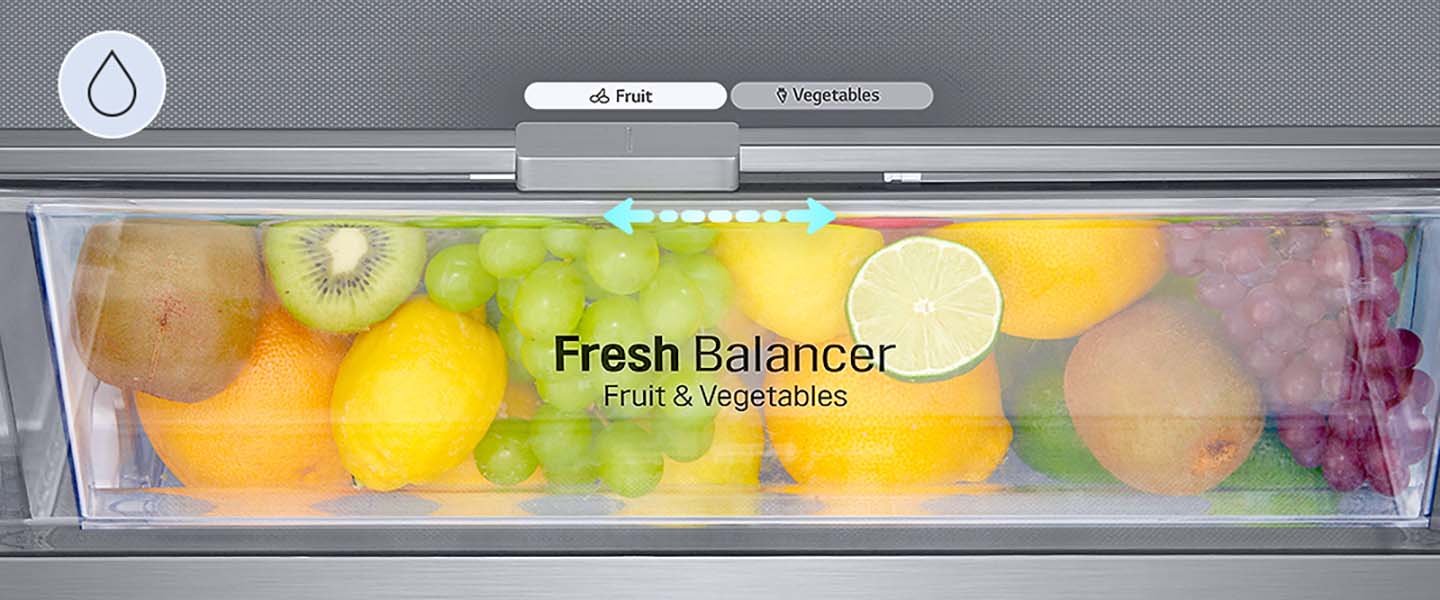 Nærbillede af Fresh Balancer fyldt med frugt, indstillet til korrekt fugtighedsniveau for frugter blandt mulighederne frugter og grøntsager.