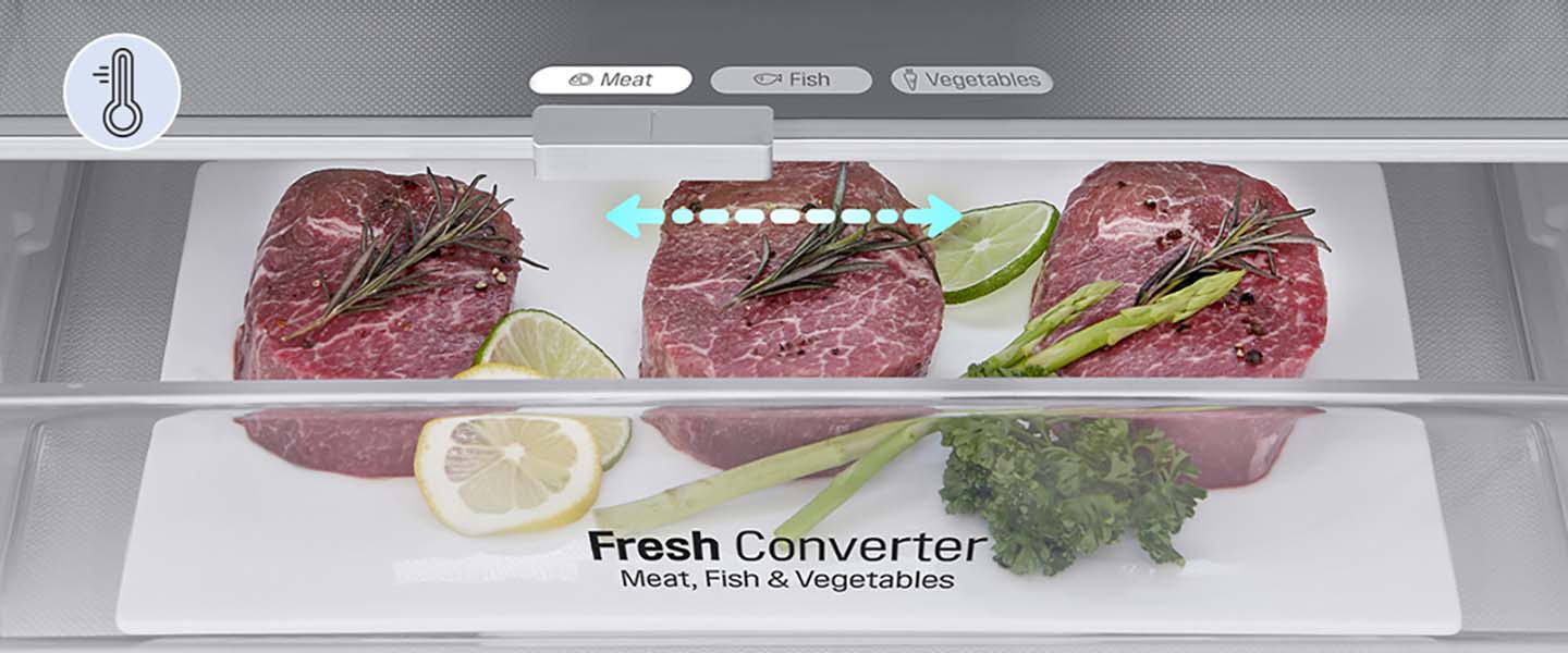 Nærbillede af Fresh Converter fyldt med kød, indstillet til korrekt temperatur for kød blandt mulighederne kød, fisk og grøntsager.