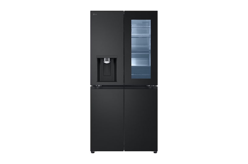 Visning forfra af 508L Slim InstaView French Door Side-by-Side (Essence Black) - Energiklasse E, Vann/isdispenser med vanntilkobling, Smart Diagnosis™ med Wi-Fi, GMG860EPBE