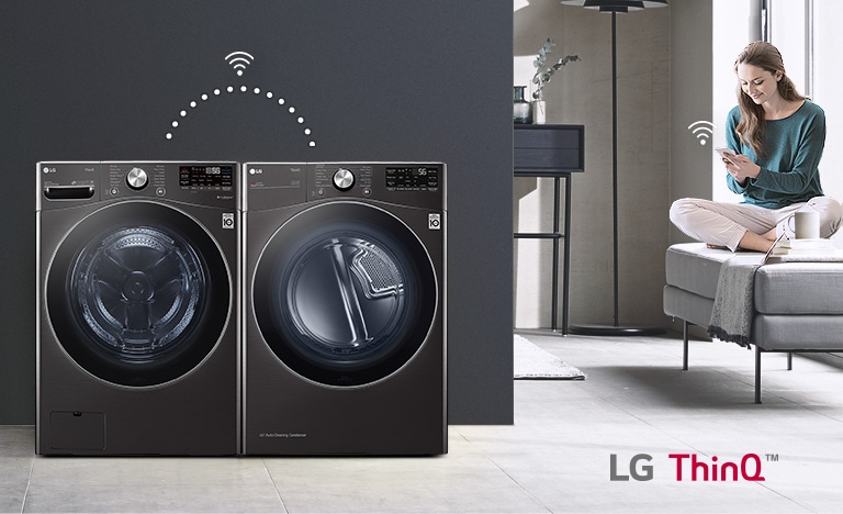 Mulher a controlar a máquina de secar LG com a assistente de voz