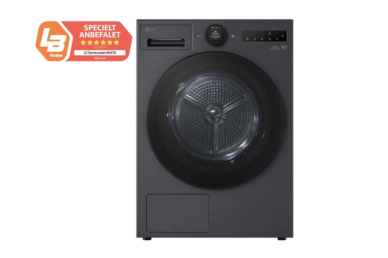 Visning forfra af 9-kg DUAL Inverter Heat Pump™ -tørretumbler med™ AI Dry og Varmepumpe Teknologi, RHX7009TBB