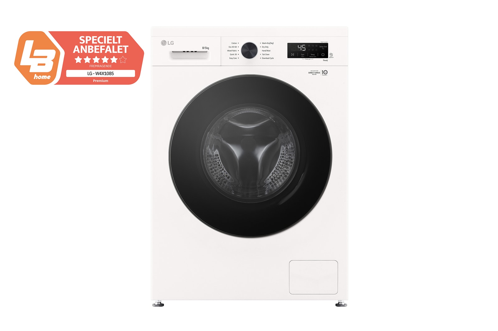 Visning forfra af 8 kg / 5 kg Kombineret vaskemaskine/tørretumbler(Essence White) - Steam, Energiklasse A/E, 6 Motion DD™, Smart Diagnosis™ med Wi-Fi W4X1085NWB