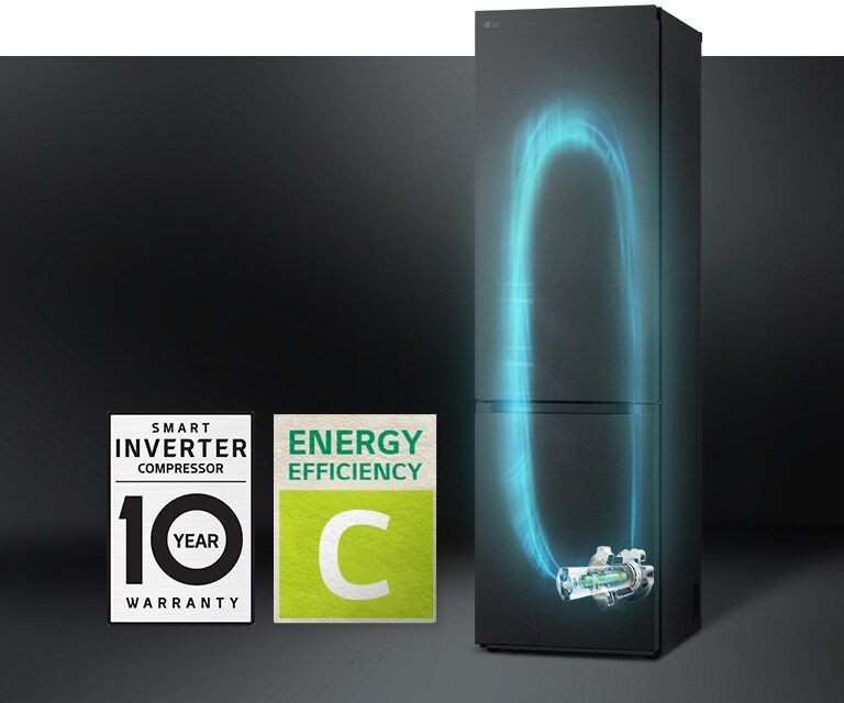 Køleskab med effektivt kølesystem gennem Smart Inverter Compressor™ og et mærkat, der viser 10 års garanti på kompressoren.