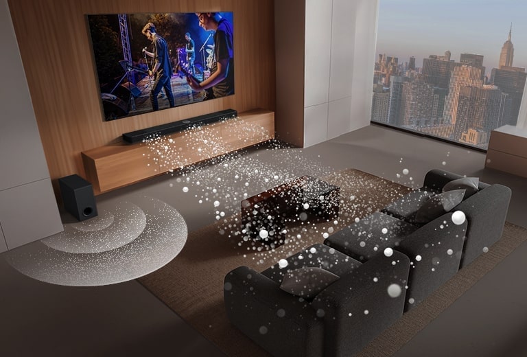LG Soundbar, LG TV og bashøjttaler i en stue, hvor der vises et billede på skærmen af en musikalsk optræden. Tre grene med hvide lydbølger lavet af små dråber projiceres fra soundbaren, og bashøjttaleren skaber en lydeffekt fra bunden.