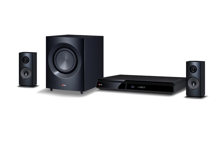 Visning forfra af  Hjemmebiosystem med 2.1-kanal. Integrerede højttalere med kraftfuld effekt på hele 600W. Ekstra SMART Blu-ray med web browsing, Wi-Fi, DLNA, Private Sound, 4K-opskalering og 3D-understøttelse. 5-sekunders opstart. BH7230CN