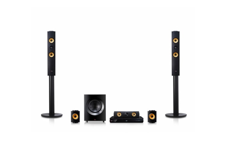 Visning forfra af HJEMMEBIOSYSTEM MED 5,1-KANAL. INTEGREREDE HØJTTALERE MED KRAFTFULD EFFEKT PÅ HELE 1200W. EKSTRA SMART BLU-RAY MED WEB BROWSING, WI-FI, DLNA, PRIVATE SOUND, 4K-OPSKALERING OG 3D-UNDERSTØTTELSE. 5-SEKUNDERS OPSTART. TALL-BOY FORSIDEHØJTTALERE. BH7440P