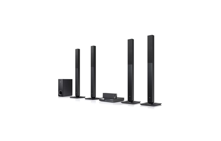 Visning forfra af 5.1 hjemmebiosystem med dvd-afspiller DH6520TN